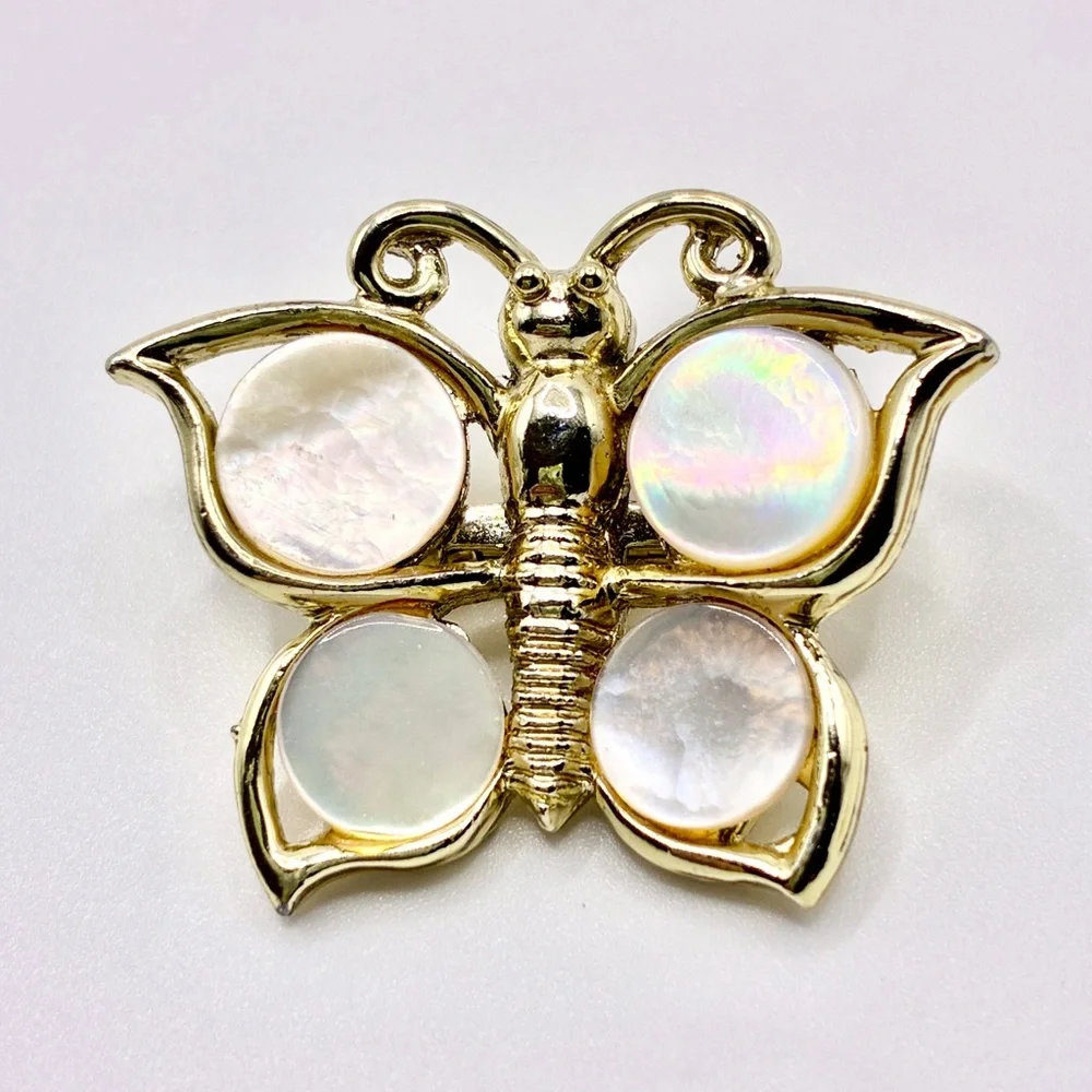 Vintage Mother of Pearl Butterfly Brooch in a Gold Tone, Size 1 1/4” Inch